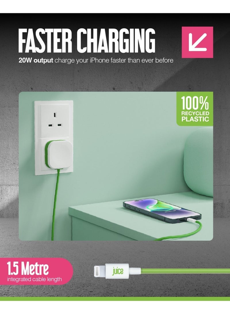 جوس شاحن JUICE بقدرة 20 واط مع كابل Lightning مدمج بطول 1.5 متر | شاحن رئيسي متوافق مع Apple Lightning | لشحن سريع لهواتف iPhone وiPad | معتمد من Apple MFI | تصميم مدمج مع تقنية القبضة الآمنة – باللون الأبيض والأخضر. - Image 3